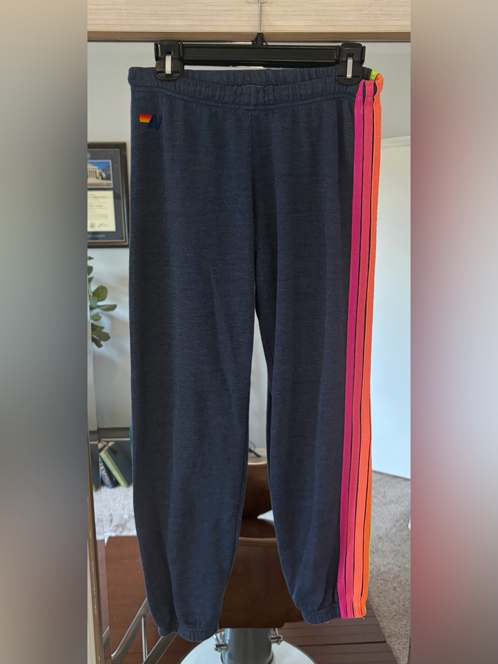 Aviator Nation 5 Stripe Blue Sweatpants Neon Rainbow Women’s Size M *flawed*